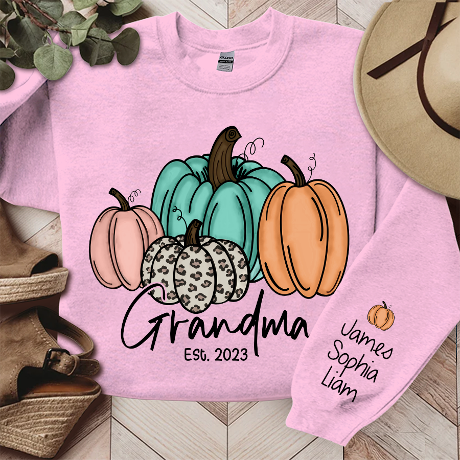 Grandma Est Fall Pumpkin Sweatshirt, Custom Grandma Est And Kids Autumn, Grandma Gift TH