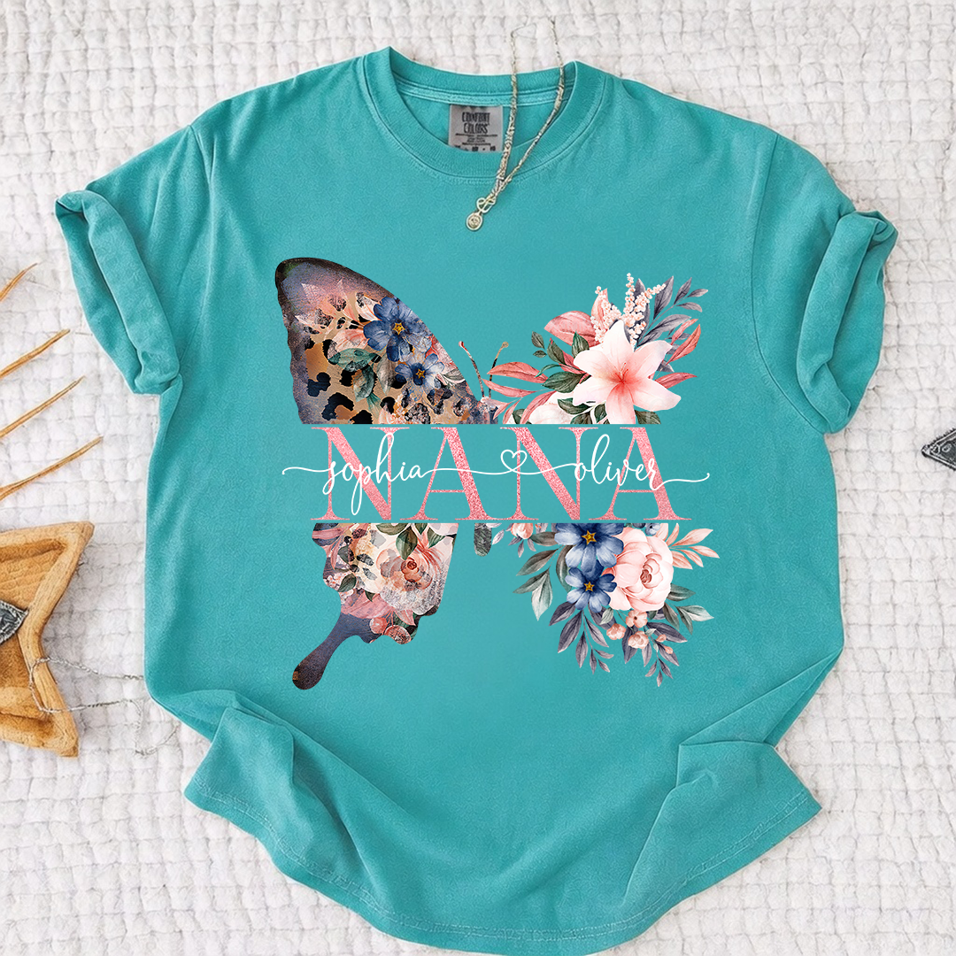 Comfort Colors Personalized Nana Shirt with Floral Butterfly Design Custom Name Grandma Mimi Gigi Family Tee Unique Grandkids Names Gift for Her