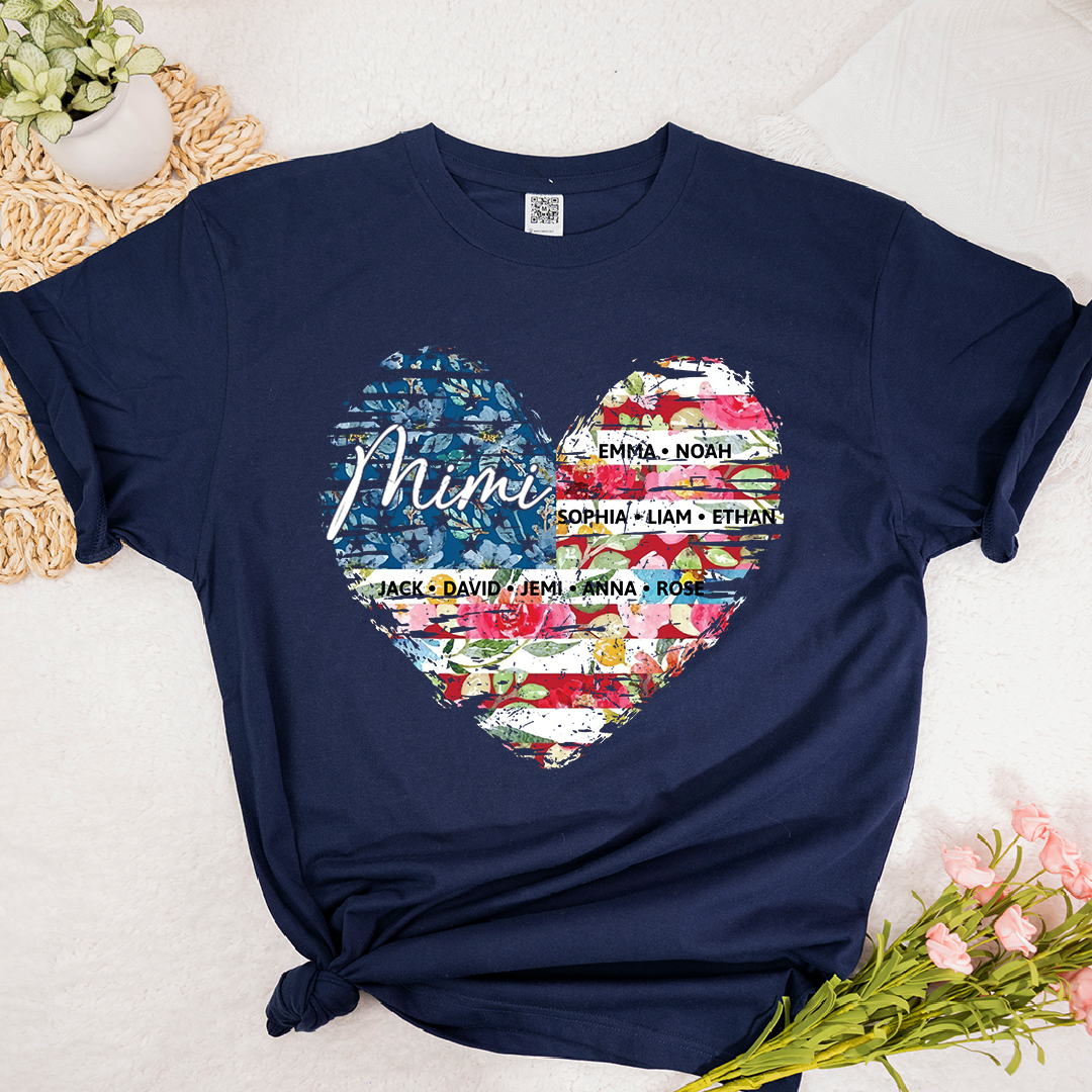 Personalized Mimi Heart Shirts With Children's Names, Family T-Shirts With Stylized Floral And American Flag Designs