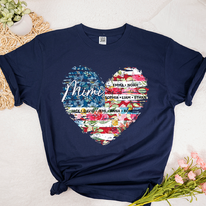 Personalized Mimi Heart Shirts With Children's Names, Family T-Shirts With Stylized Floral And American Flag Designs
