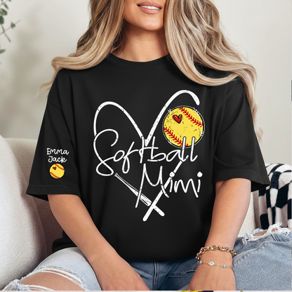 Softball Mimi Shirt Personalized with Grandkids Names, Heart and Bat Sports Family T Shirt