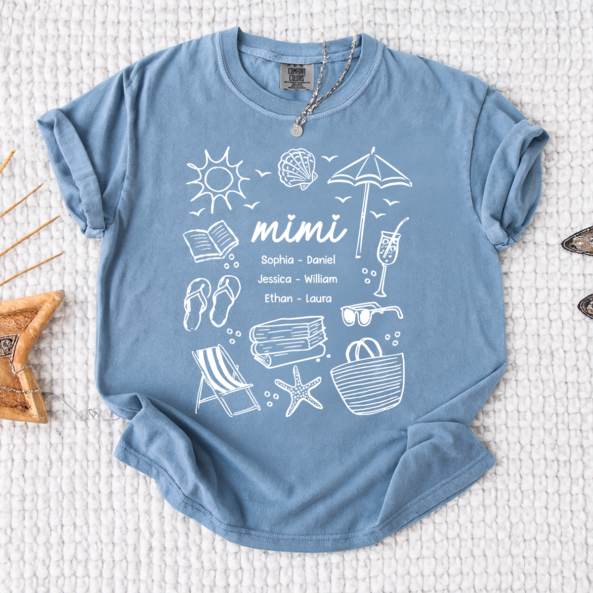 Comfort Colors Custom Mimi T Shirt with Grandchildren Names, Beach Life Graphic Tee, Personalized Summer Vacation Shirt for Women