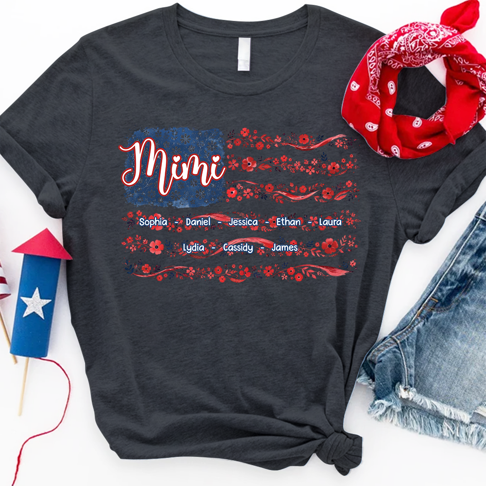 Mimi Floral American Flag Shirt, Custom Grandkids Name Tee, Patriotic Grandma Gift for Nana Mimi Great Grandma