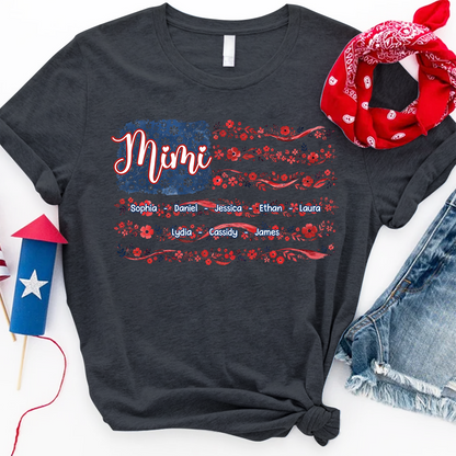 Mimi Floral American Flag Shirt, Custom Grandkids Name Tee, Patriotic Grandma Gift for Nana Mimi Great Grandma