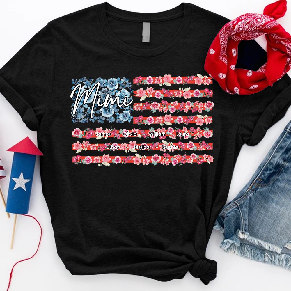Personalized Mimi Shirt with Floral American Flag, Custom Grandkids Names T Shirt, Patriotic Gift for Mimi