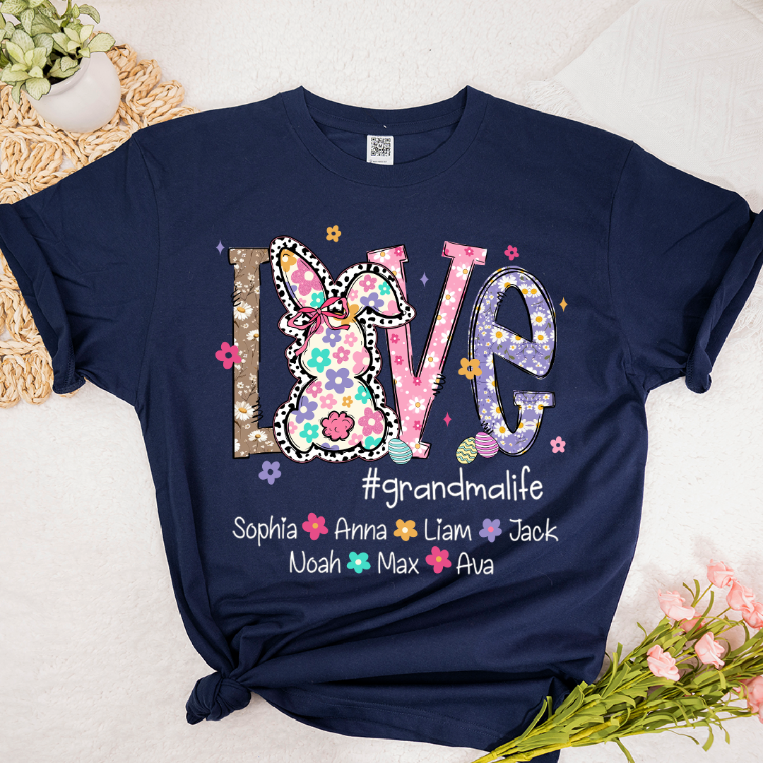 Personalized Love Grandma Liffe Easter T Shirt, Bunny And Egg Design With Names For Grandma And Kids