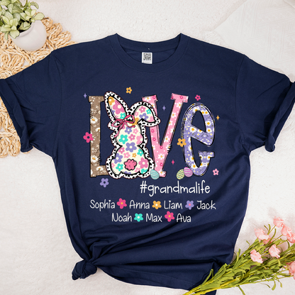 Personalized Love Grandma Liffe Easter T Shirt, Bunny And Egg Design With Names For Grandma And Kids