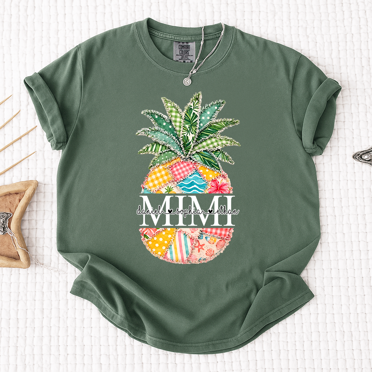 Comfort Colors Custom Mimi Pineapple Patchwork Shirt, Personalized Grandma Beach Tee with Grandchildren Names, Summer Family Gift
