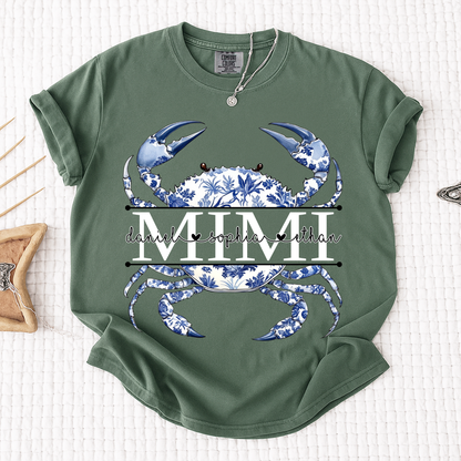 Comfort Colors® Personalized Mimi Shirt, Blue Ocean Crab Graphic Tee, Custom Grandkids Names T Shirt, Cute Coastal Family Gift