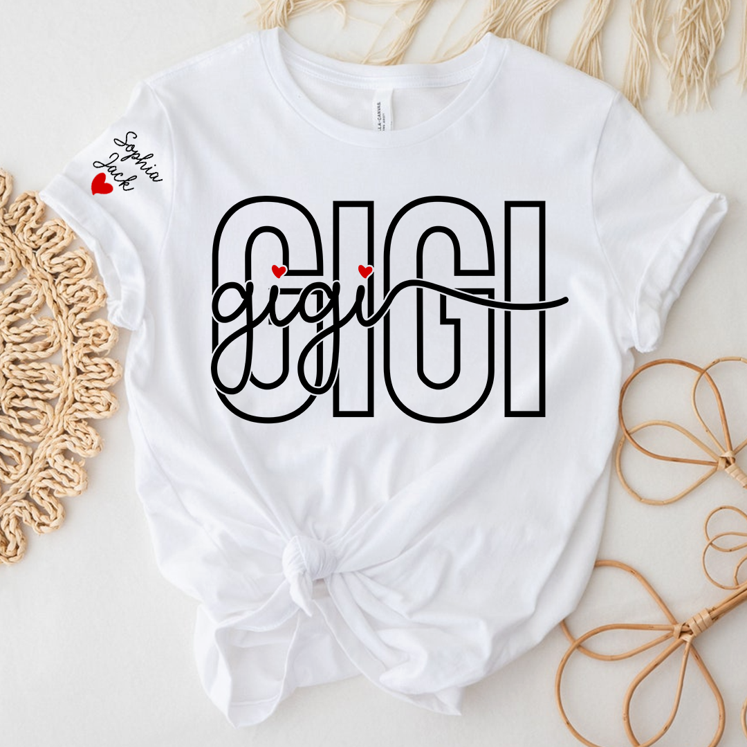 Custom Gigi Shirt for Women, Personalized Grandkids Names Tee, Grandma Family Shirt, Heart Name Graphic Gift for Gigi Lovers