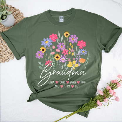 Personalized Grandma Floral Shirt, Custom Family Names T-Shirt with Wildflower Design