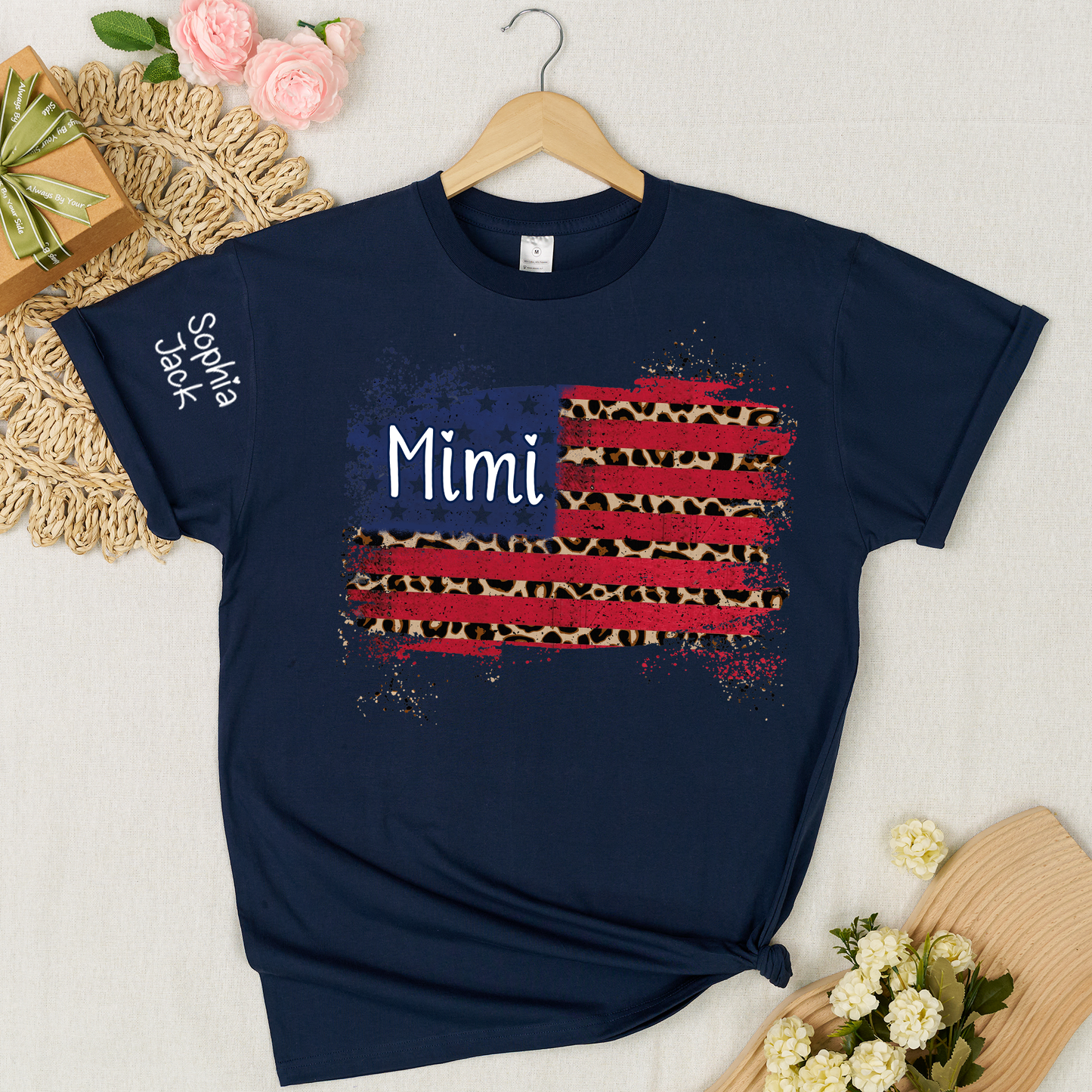 Personalized Mimi American Flag Shirt Leopard USA Flag Custom Kids Names T Shirt Patriotic Grandma Gift Fourth of July Family Matching Tee