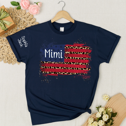 Personalized Mimi American Flag Shirt Leopard USA Flag Custom Kids Names T Shirt Patriotic Grandma Gift Fourth of July Family Matching Tee