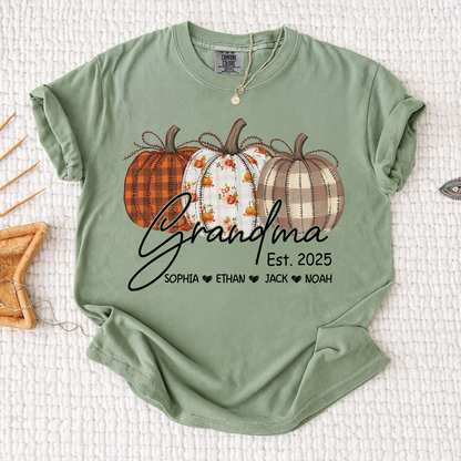 Comfort Colors® Personalized Grandma Pumpkin Tee, Custom Fall Shirt with Grandkids Names
