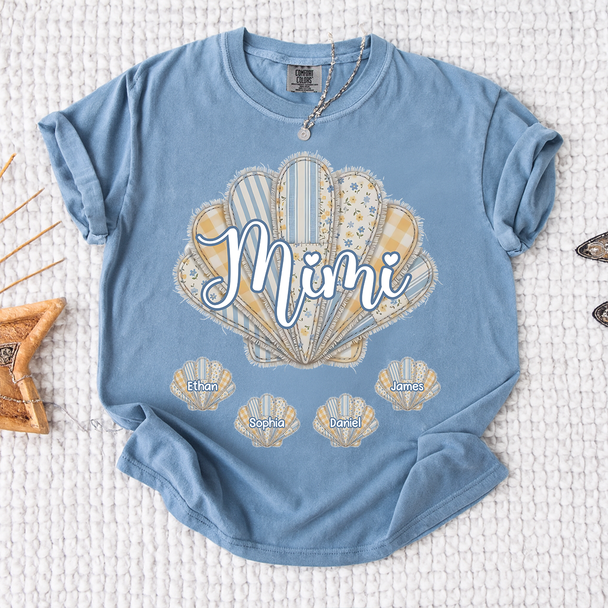 Comfort Colors Personalized Mimi Shirt with Grandkids Names, Custom Seashell Patchwork Graphic Tee, Beach Grandma Summer Family Shirt