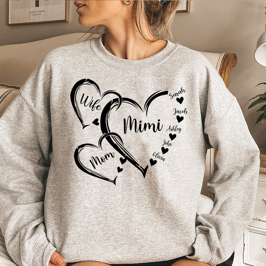 Personalized Wife Mom Mimi Heart Sweatshirt, Grandma Shirt, Grandma Heart with kidnames, Custom Grandma with kidnames