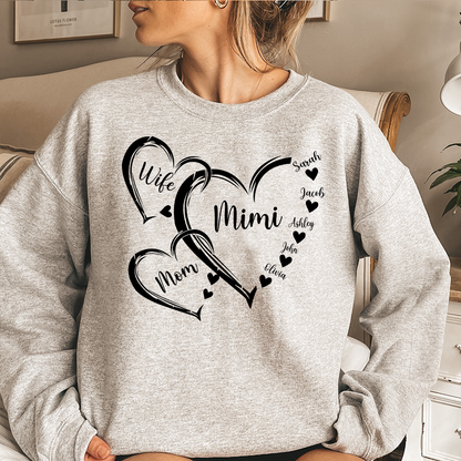 Personalized Wife Mom Mimi Heart Sweatshirt, Grandma Shirt, Grandma Heart with kidnames, Custom Grandma with kidnames