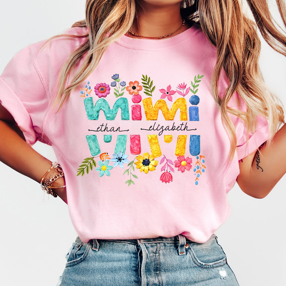 Personalized Mimi Shirt Custom Grandkids Names Floral Letter Graphic Tee Women Family Love Colorful Spring Casual Outfit Top