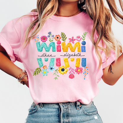 Personalized Mimi Shirt Custom Grandkids Names Floral Letter Graphic Tee Women Family Love Colorful Spring Casual Outfit Top