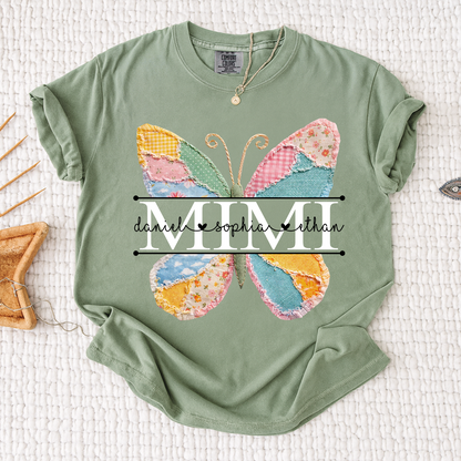 Comfort Personalized Mimi Shirt with Grandkids Names, Butterfly Patchwork Design Family Tee