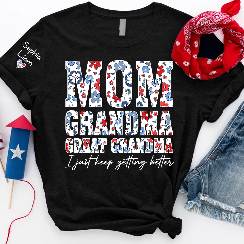 Mom Grandma Great Grandma Shirt, Patriotic Floral Tee with Custom Names, Gift for Mom Grandma Great Grandma Family Shirt