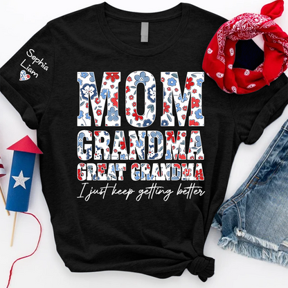Mom Grandma Great Grandma Shirt, Patriotic Floral Tee with Custom Names, Gift for Mom Grandma Great Grandma Family Shirt