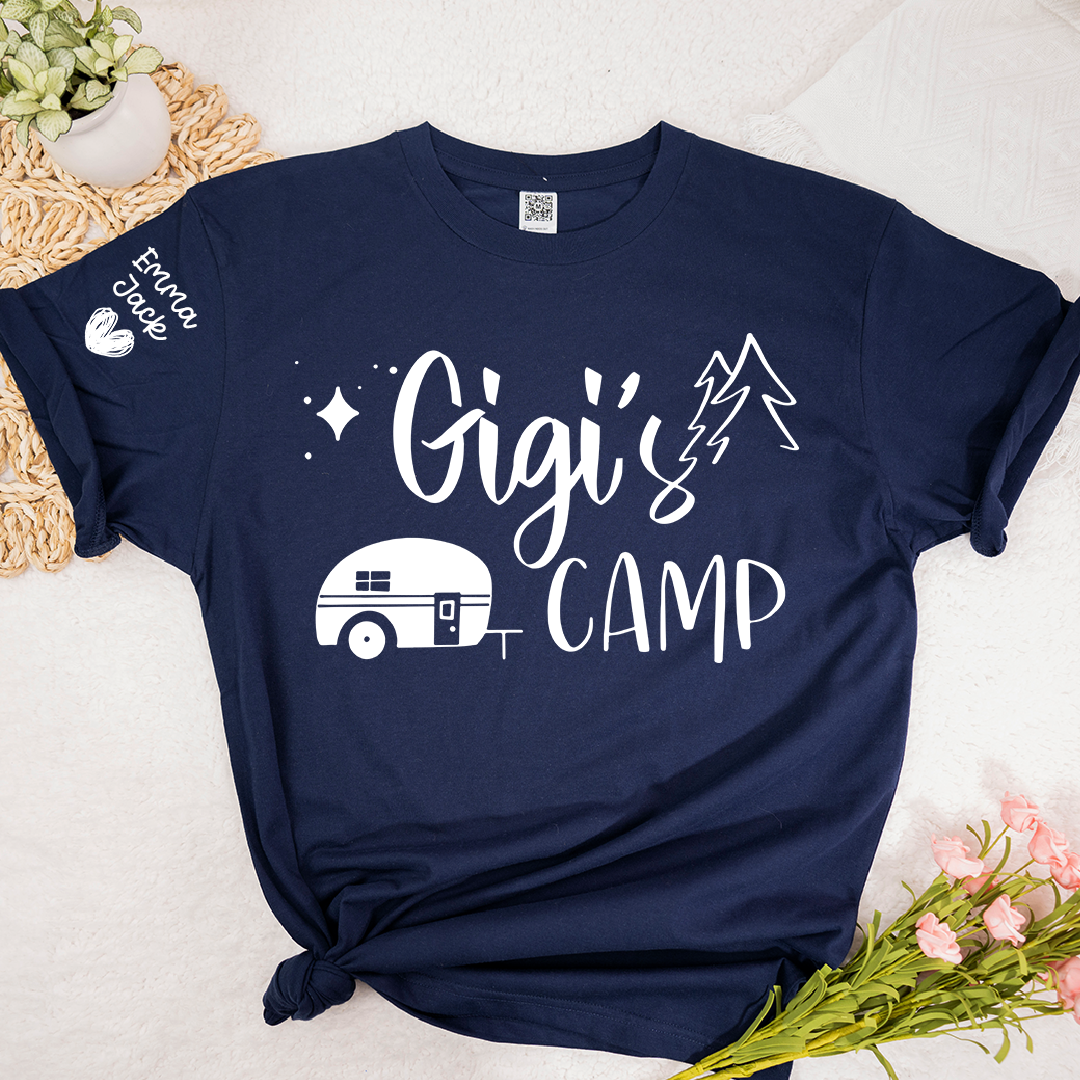 Gigi's Camp Shirt Personalized with Grandkids Names, Funny Camping Grandma Tee, Camper Trailer Graphic T Shirt