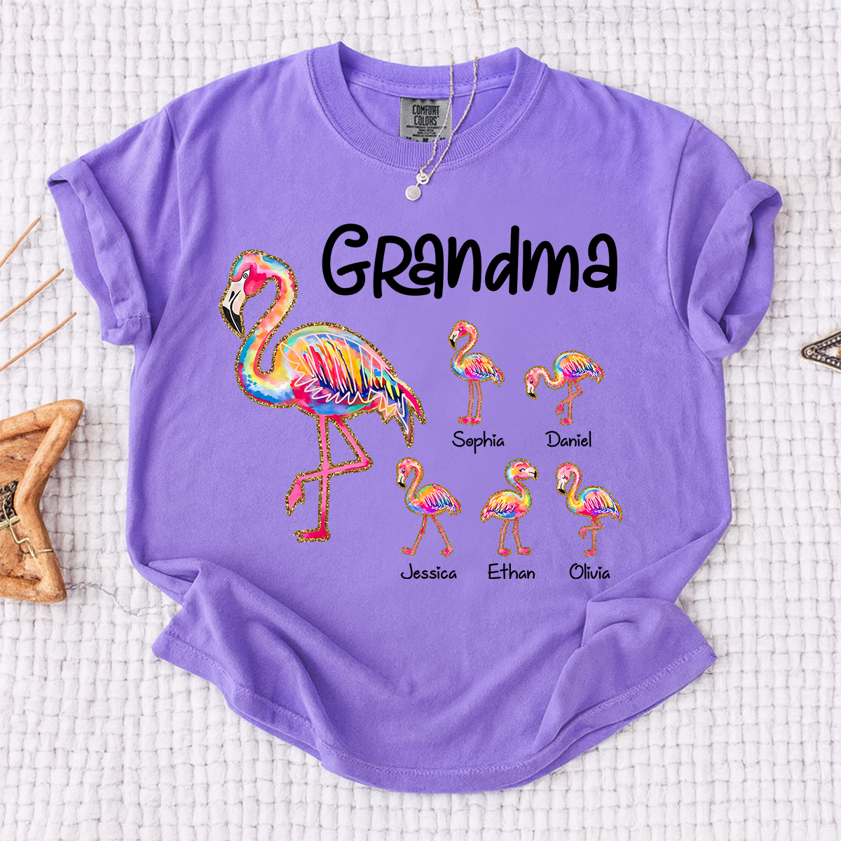 Comfort Colors Custom Grandma Flamingo Tee with Kids Names, Personalized Tropical Bird Shirt for Women, Summer Vacation Family Gift