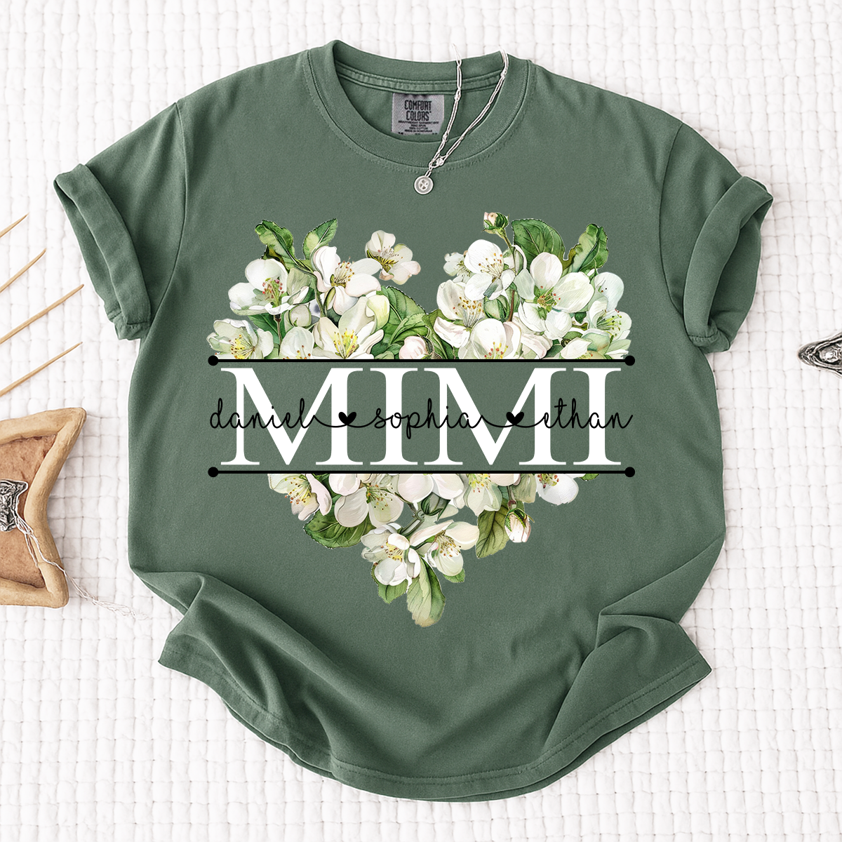 Comfort Custom Mimi T Shirt with Grandkids Names, White Floral Heart Family Tee