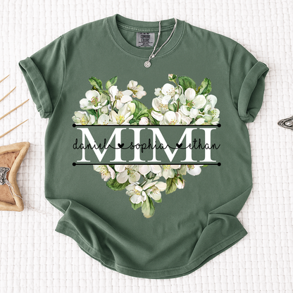 Comfort Custom Mimi T Shirt with Grandkids Names, White Floral Heart Family Tee