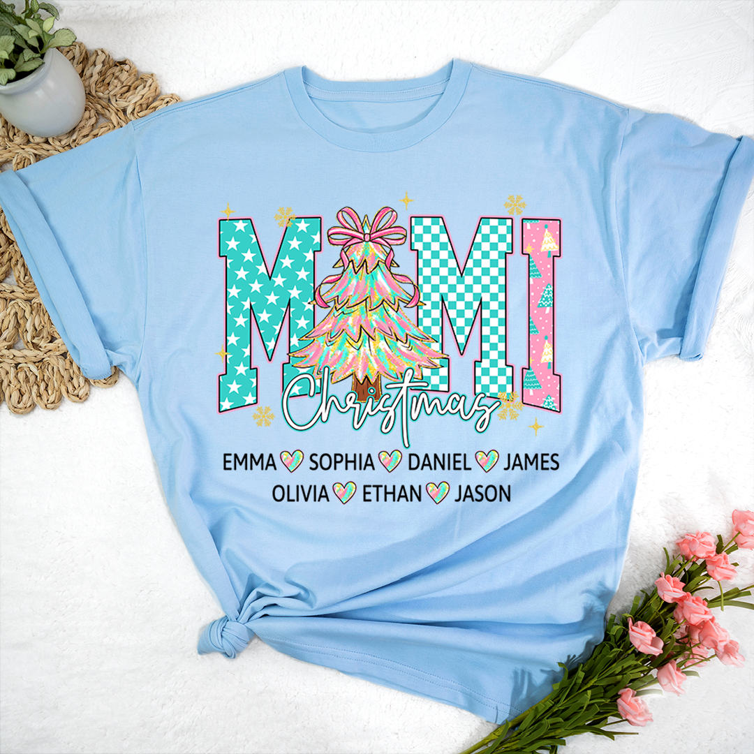 Christmas Tree Mimi T-Shirt, Custom Family Name for Grandma And Kids
