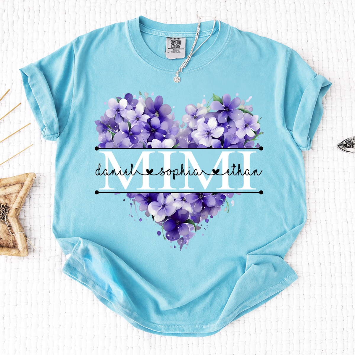 Comfort Colors Personalized MIMI T Shirt, Custom Family Names with Purple Floral Heart Design, Perfect Gift for Mimi