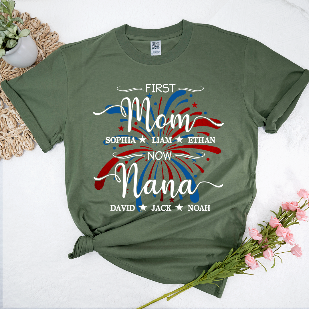 Custom Printed T-shirts Featuring American Fireworks For First Mom, Now Grandma, Patriotic T-shirts With Personalized Family Names For Grandma And Her Grandchildren