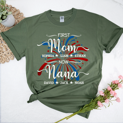 Custom Printed T-shirts Featuring American Fireworks For First Mom, Now Grandma, Patriotic T-shirts With Personalized Family Names For Grandma And Her Grandchildren