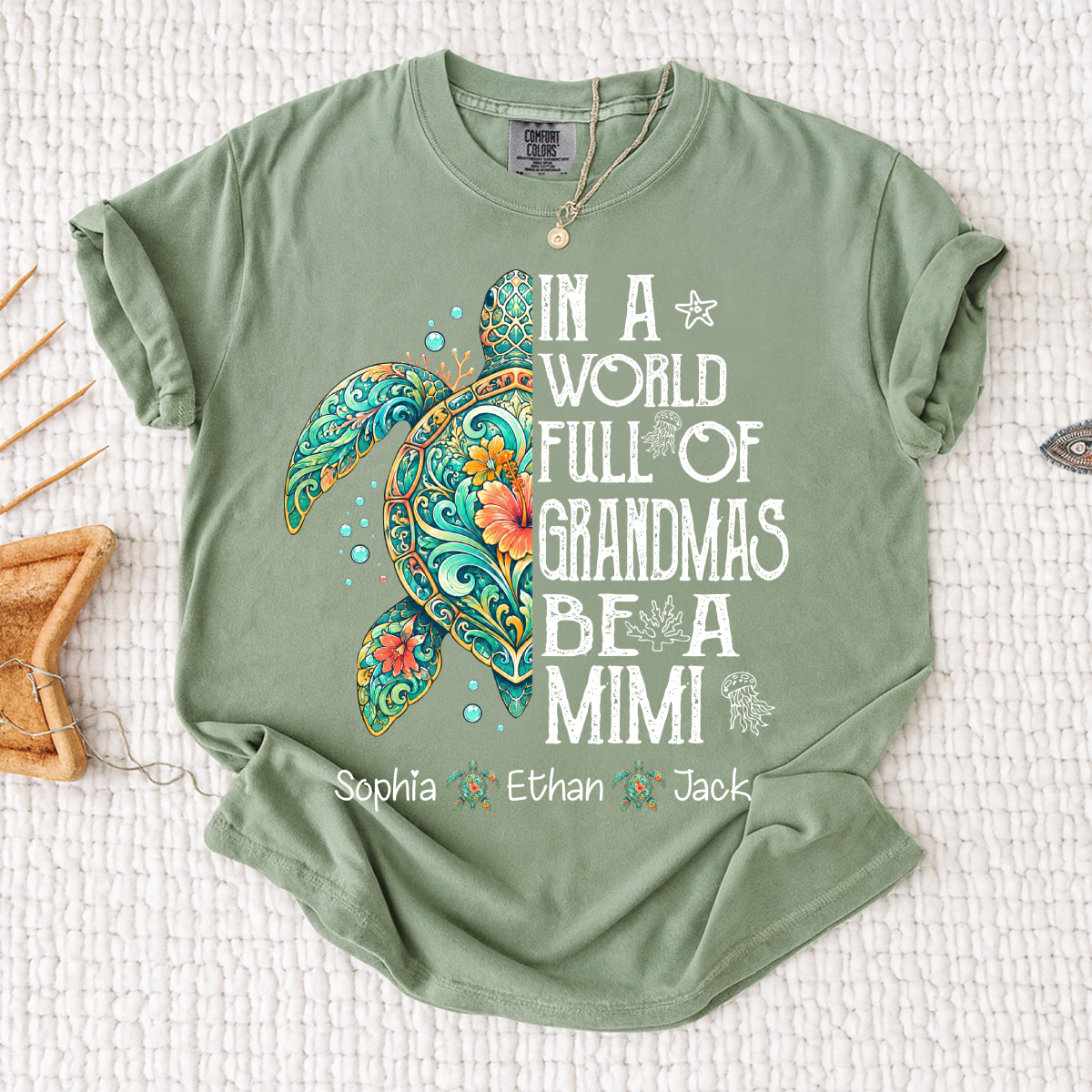 Cute Mimi Turtle Shirt for Women, Personalized Family Names T Shirt, Coastal Sea Life Graphic Tee, Gift for Grandma from Kids