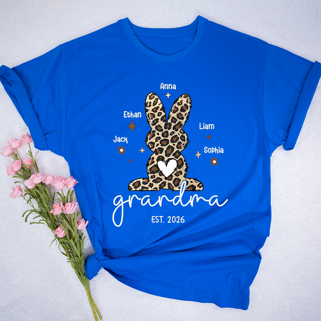 Personalized Grandma Easter Bunny Leopard Print T-shirt, Custom Grandma And Kids