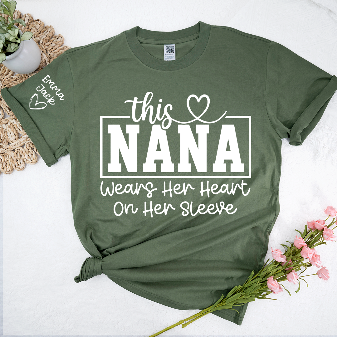 This Grandma Wears Her Heart on Her Sleeve Shirt, Personalized Grandkids Names Family T Shirt
