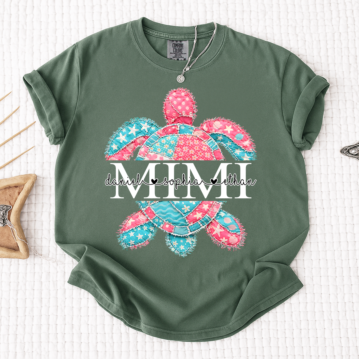 Comfort Colors Personalized Mimi Sea Turtle Shirt with Grandkids Names, Custom Grandma Beach T Shirt for Women, Coastal Family Gift
