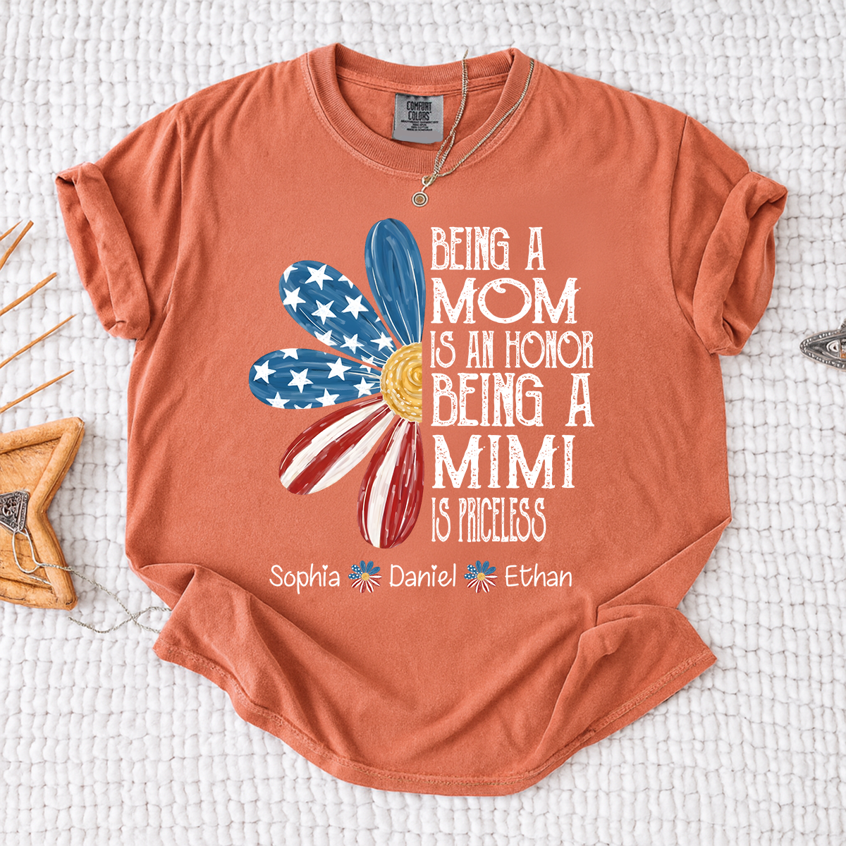 Comfort Colors Custom Mimi T Shirt with Grandkids Names USA Flag Daisy Graphic Being a Mom Is an Honor Mimi Is Priceless Family Name Personalized Apparel