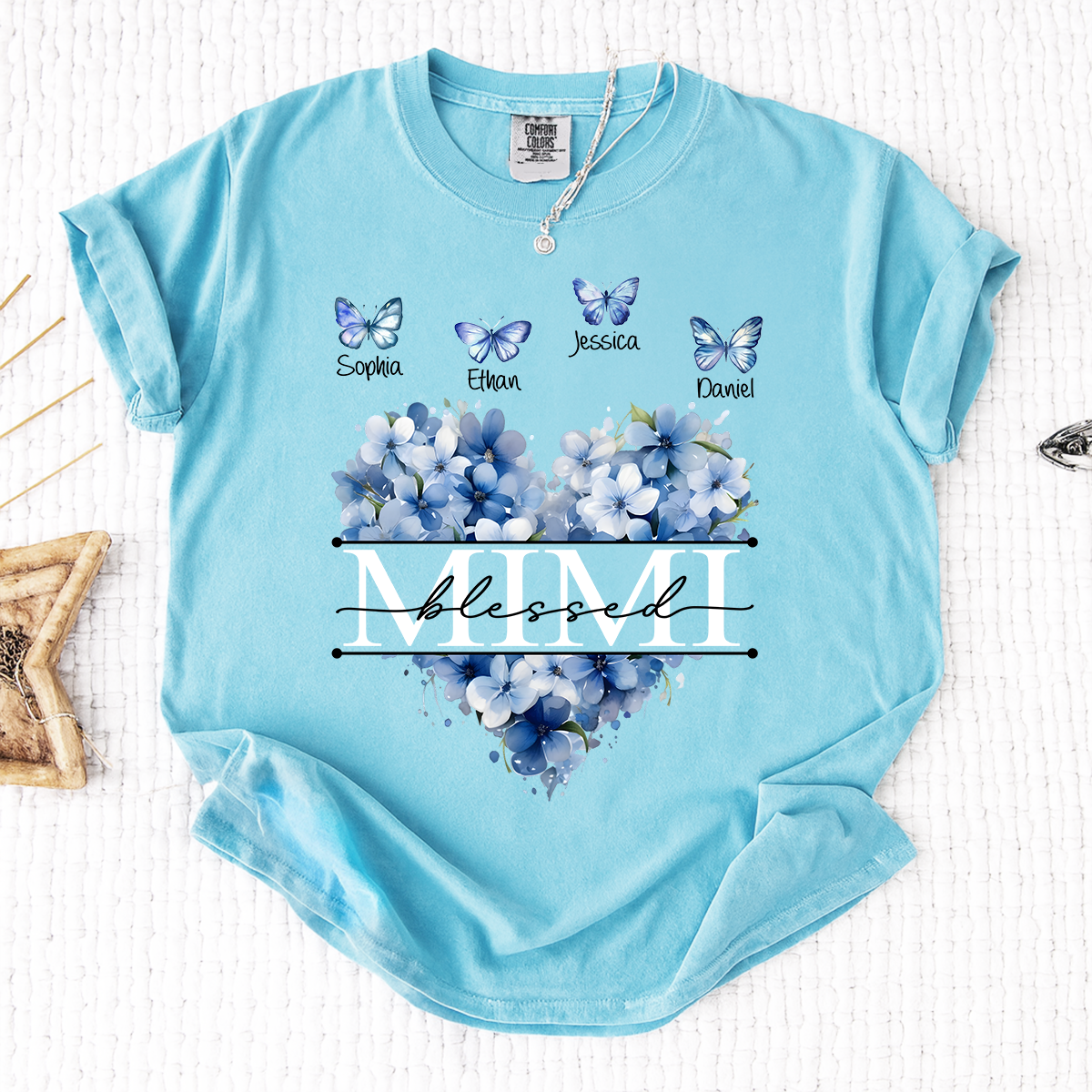 Comfort Colors Blessed Mimi T Shirt, Personalized with Kids Names, Heart Shaped Floral Design with Butterflies, Perfect for Mimi