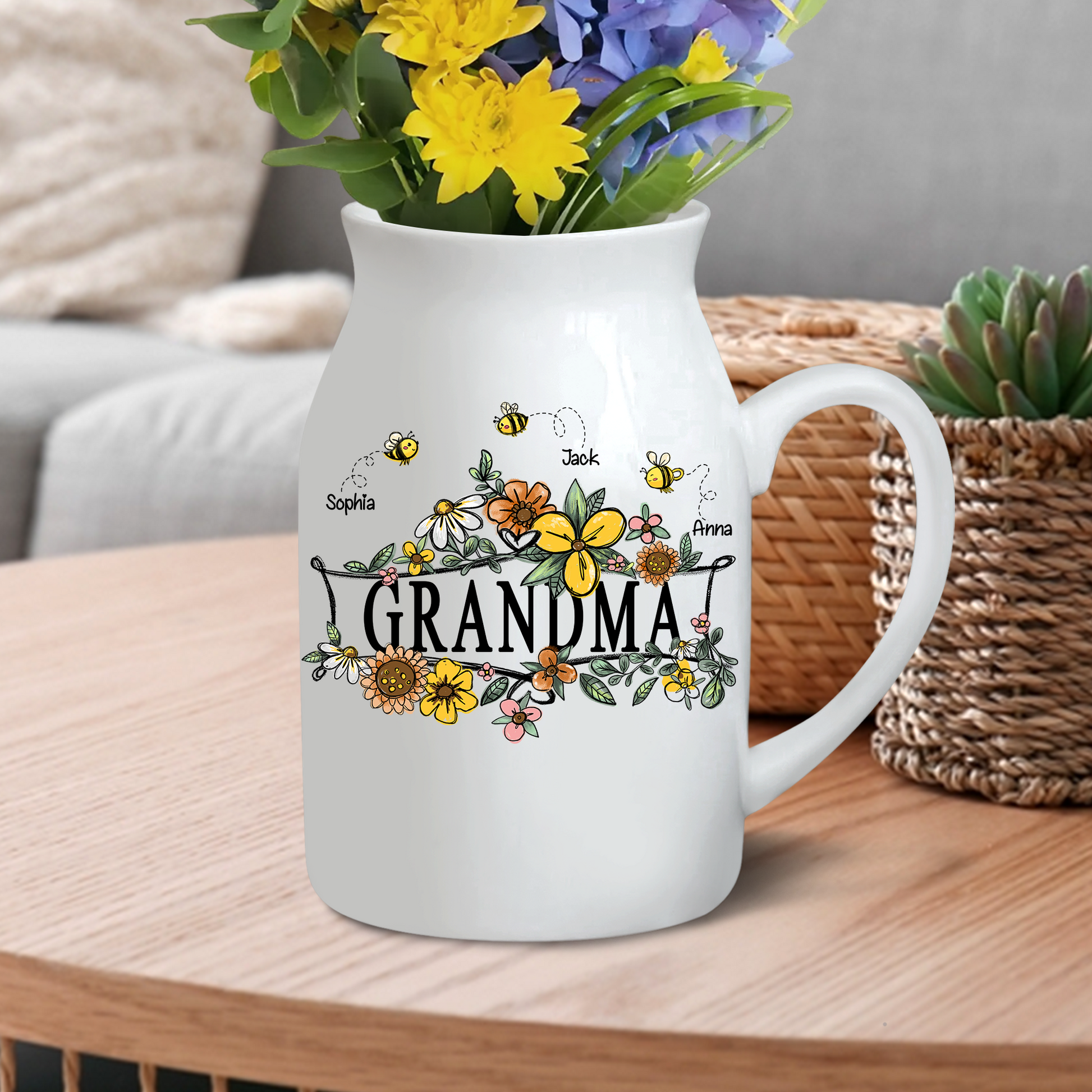 Flowers Bee Grandma And Kids - Custom Home Decoration Flower Vase According To Family Requirements - Warm Gift For Mother's Day, Ceramic Flower Vase