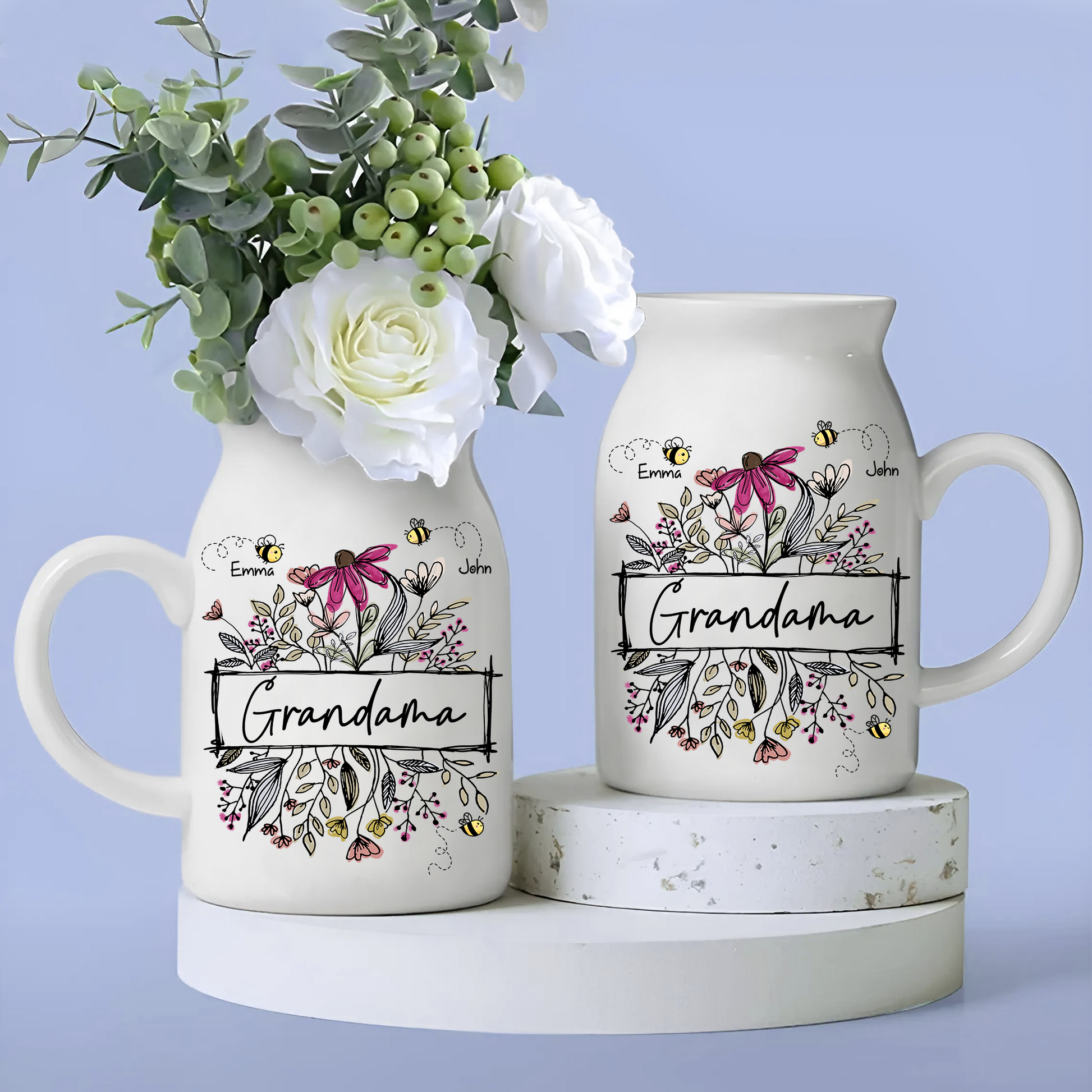 Wildflower Grandma And Bee Kids - Custom Home Decoration Flower Vase According To Family Requirements - Warm Gift For Mother's Day, Ceramic Flower Vase