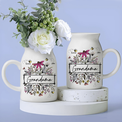 Wildflower Grandma And Bee Kids - Custom Home Decoration Flower Vase According To Family Requirements - Warm Gift For Mother's Day, Ceramic Flower Vase
