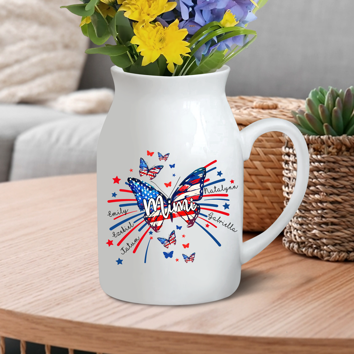 American Patriotic Grandmother Flag Stars And Kids - Custom Home Decoration Flower Vase According To Family Requirements - Warm Gift For Mother's Day, Ceramic Flower Vase