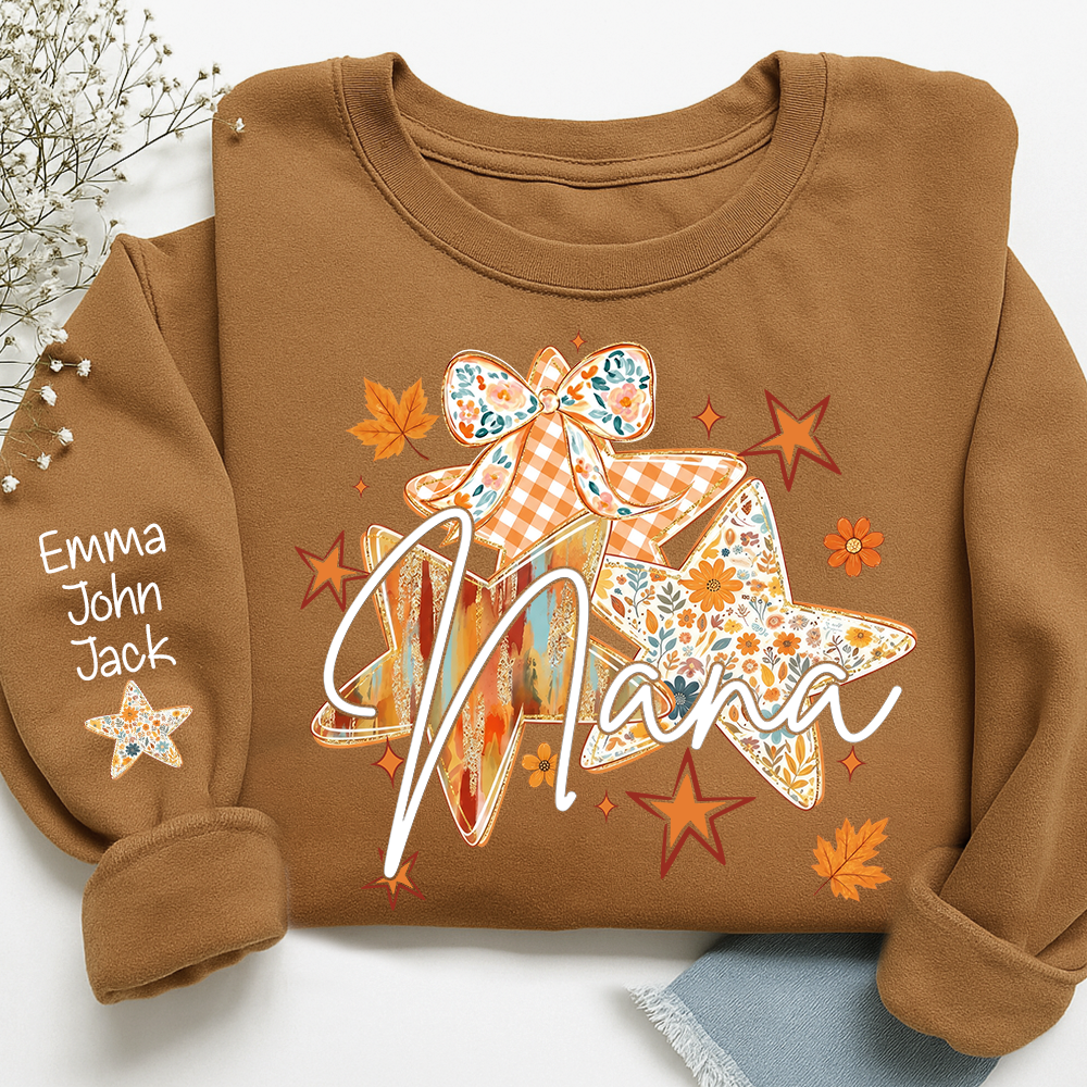 Personalized Nana Shirt for Women, Autumn Star Floral Design Tee, Custom Grandma T Shirt, Cozy Family Gift