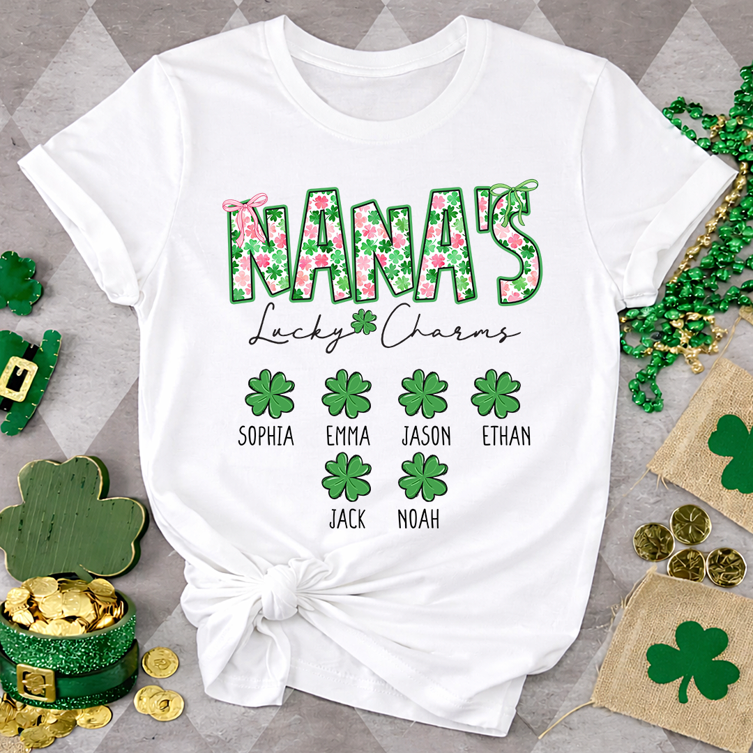 Nana’s Lucky Charms Shirt, Personalized St Patrick’s Day Shamrock Family T-Shirt