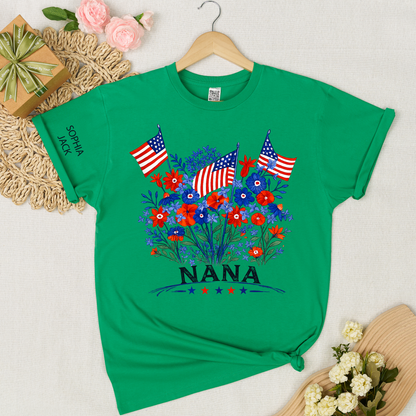 Personalized Nana Shirt Patriotic Floral American Flag Design Custom Grandma Mimi Gigi Name Tee with Grandkids Names Family 4th of July Outfit
