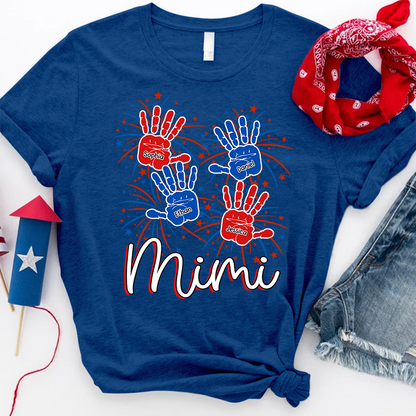 Personalized Mimi Shirt with Handprints, Custom Grandkids Names and Fireworks Design, Perfect Gift for Mimi