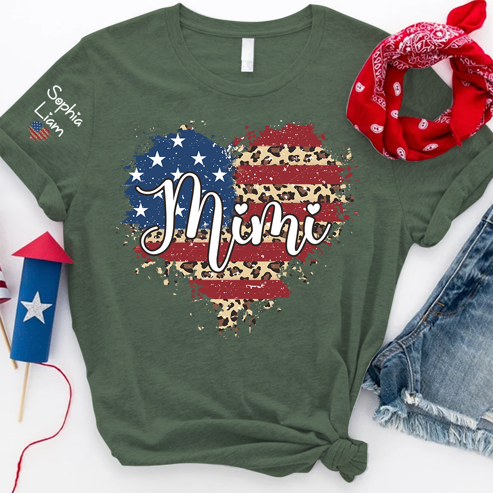 Personalized Mimi Shirt with Kids Names American Flag Heart Leopard Print Custom Grandma Mimi Tee Patriotic Family Shirt for Women
