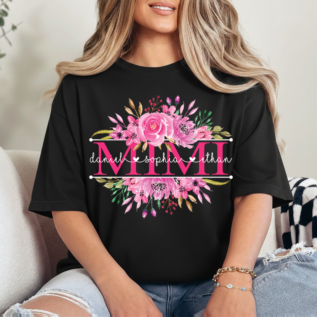 Custom Mimi T Shirt, Grandkids Names with Floral Rose Design Family Gift